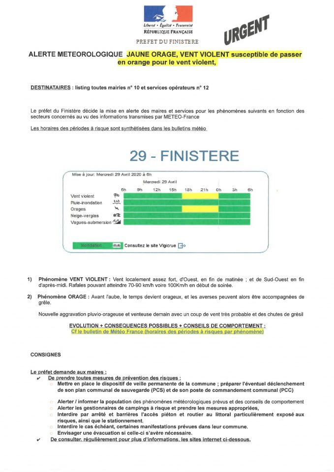 URGENT : ALERTE JAUNE VENT VIOLENT ET ORAGE