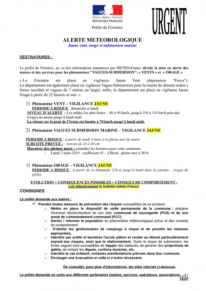 URGENT : ALERTE JAUNE VENT, VAGUES-SUBMERSION, ORAGE